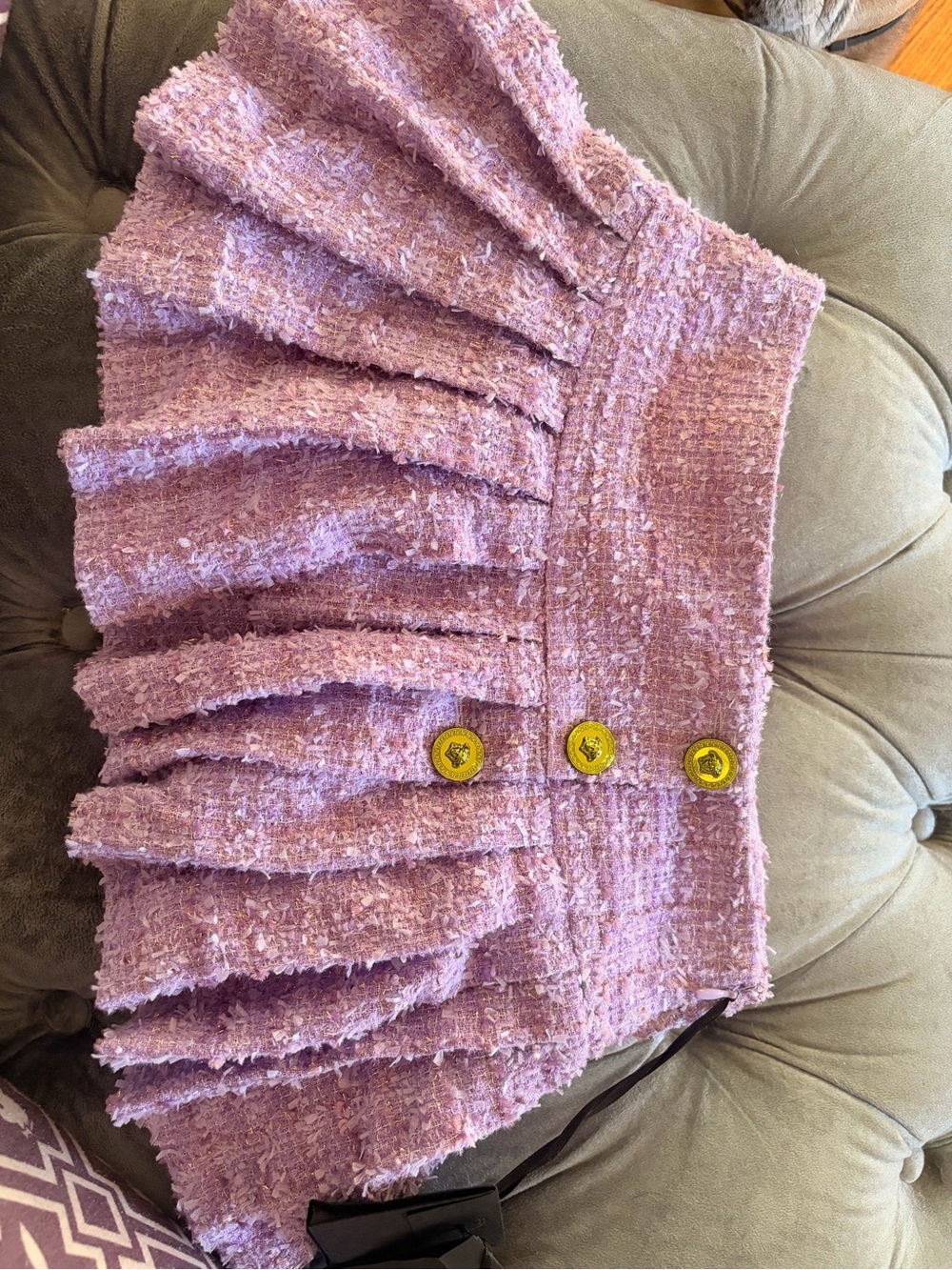 Versace Lilac Tweed Ruffle Mini Skirt with Gold Buttons